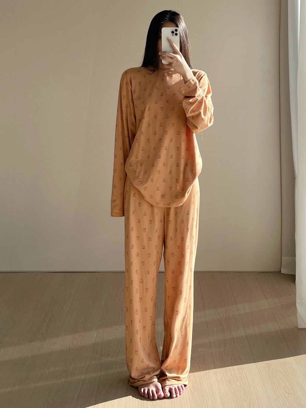Women Crew Neck Allover Print Long Sleeve Top And Pants Casual Pajama Set