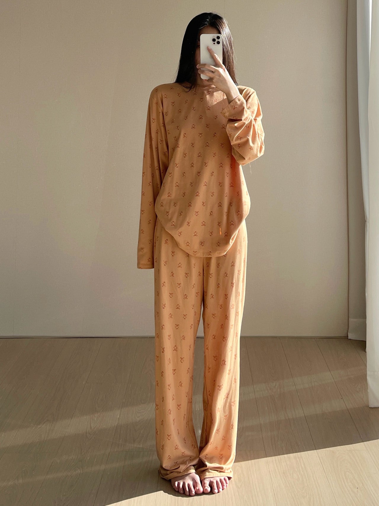 Women Crew Neck Allover Print Long Sleeve Top And Pants Casual Pajama Set