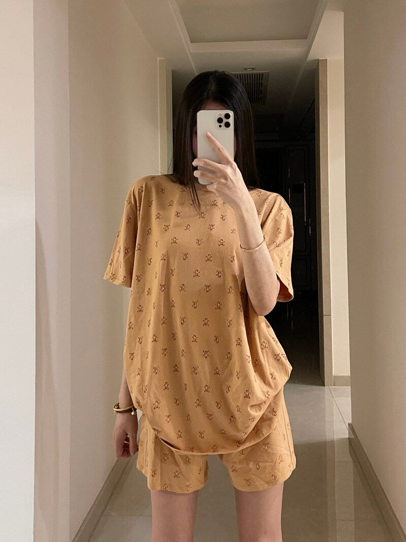 Women Crew Neck Allover Print Long Sleeve Top And Pants Casual Pajama Set